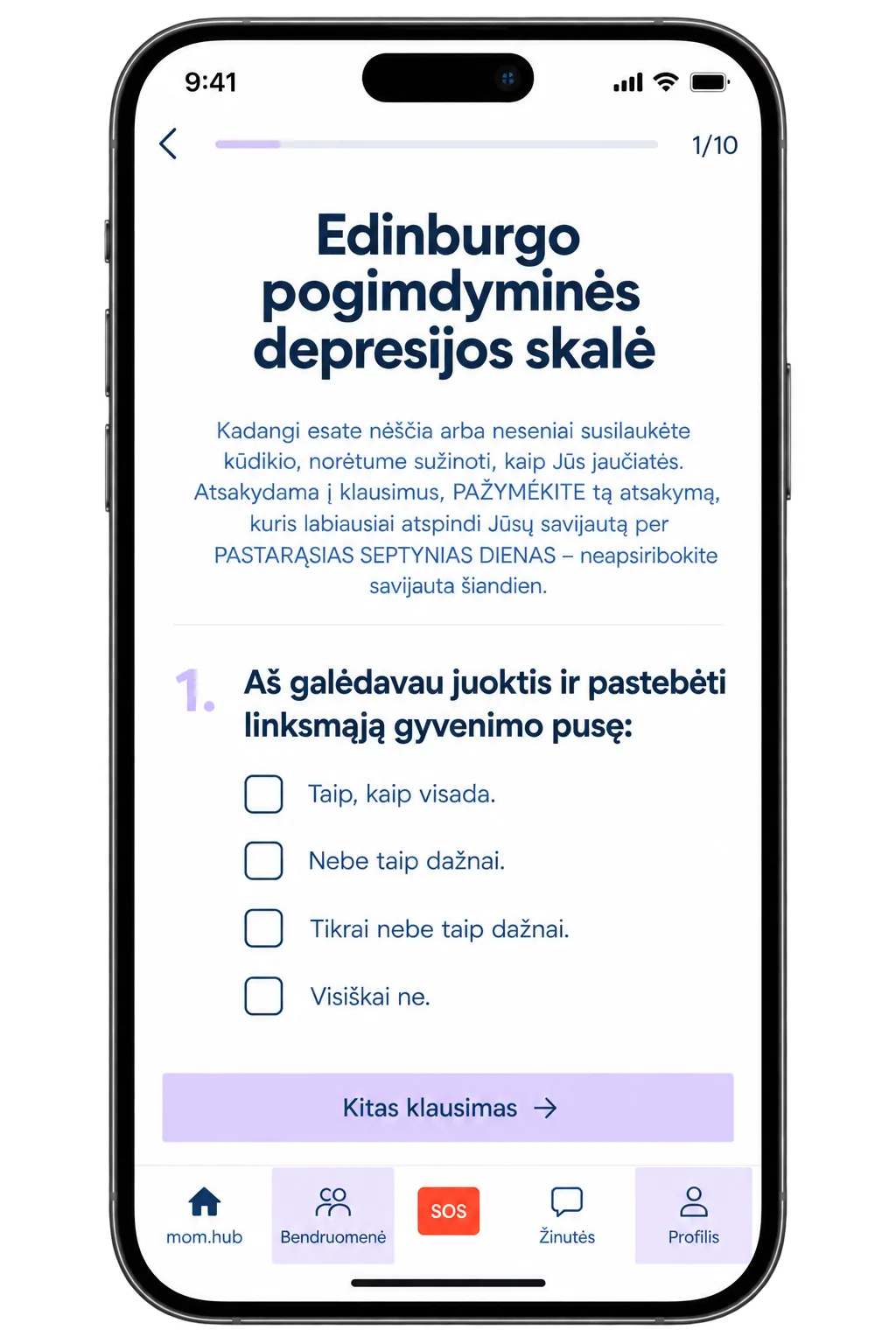 Pogimdyminės depresijos klausimyno ekranas