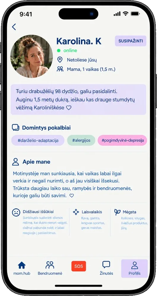 Mamos profilio ekranas mothering.live programėlėje